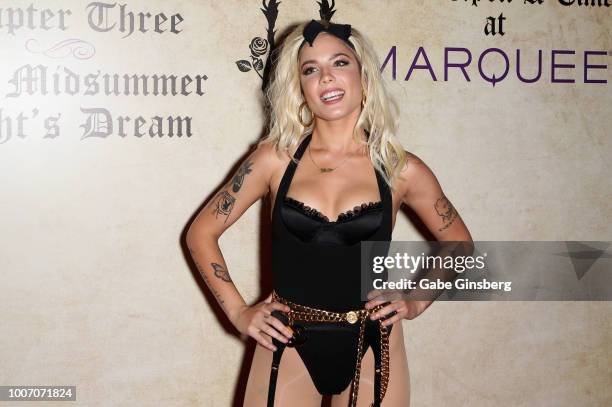 Singer/songwriter Halsey arrives at Playboy's Midsummer Night's Dream at the Marquee Nightclub at The Cosmopolitan of Las Vegas on July 29, 2018 in...