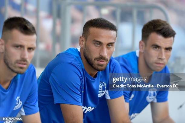 Morgan Schneiderlin Cenk Tosun and Seamus Coleman of Everton during the Algarve Cup match between Everton and Lille on July 21, 2018 in Faro,...
