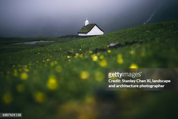 the church in saksun - kirk stanley stock pictures, royalty-free photos & images