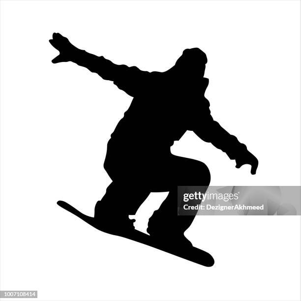 ilustraciones, imágenes clip art, dibujos animados e iconos de stock de silueta de un snowboarder salto aislado - snowboard