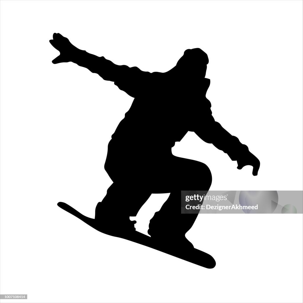 Silhouette di uno snowboarder che salta isolato