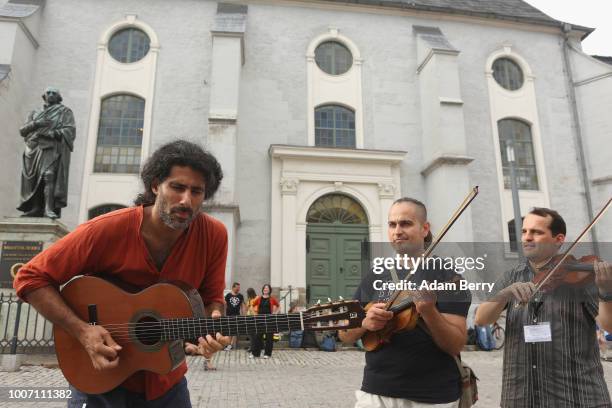 Klezmer musicians perform on Herderplatz square during Yiddish Summer Weimar on July 28, 2018 in Weimar, Germany. The annual four-week summer...