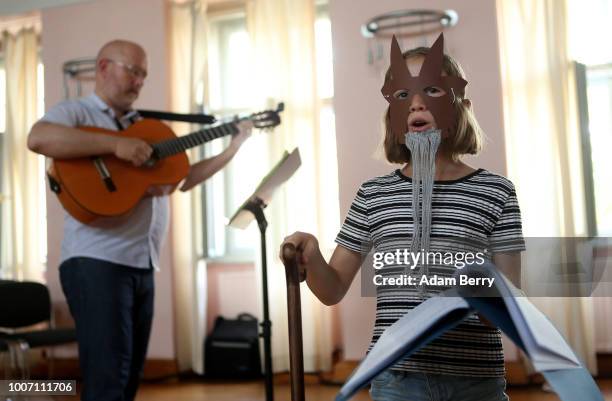 Child performs during a dress rehearsal for a play in Yiddish during Yiddish Summer Weimar on July 28, 2018 in Weimar, Germany. The annual four-week...