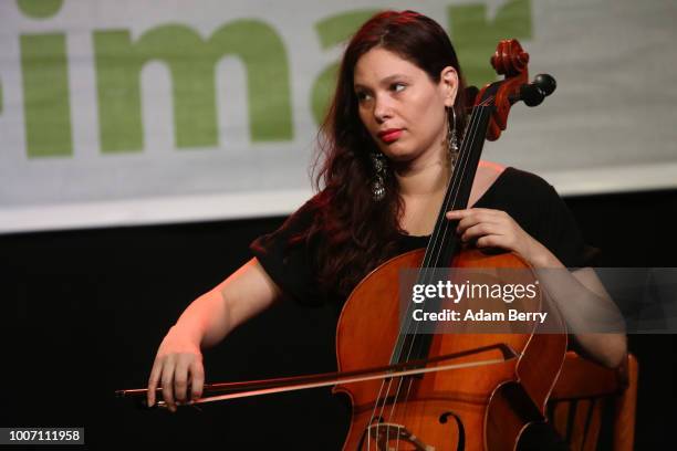 Gael Huard of the band Siach HaSadeh performs during a concert at Yiddish Summer Weimar on July 28, 2018 in Weimar, Germany. The annual four-week...