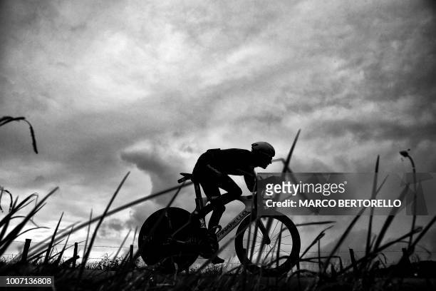 Overall leader Great Britain's Geraint Thomas trains on the stage's route, prior to the 20th stage of the 105th edition of the Tour de France cycling...