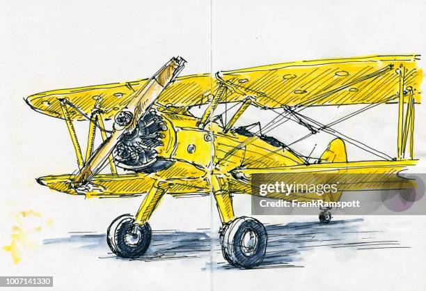 biplane antique aircraft ink drawing and watercolor - biplane stock illustrations