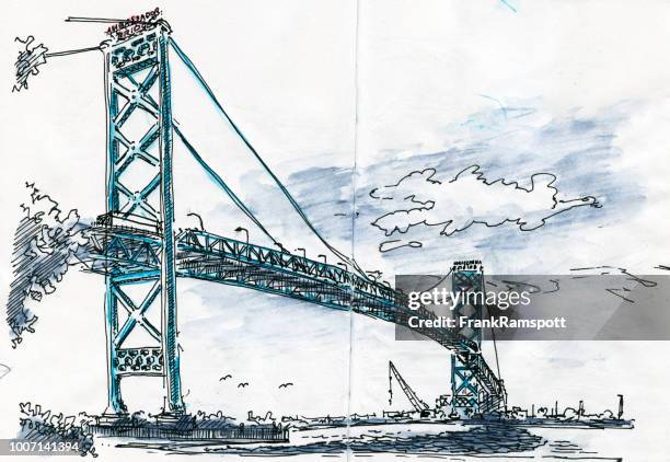 stockillustraties, clipart, cartoons en iconen met ambassador bridge windsor detroit inkt tekenen en aquarel - detroit michigan