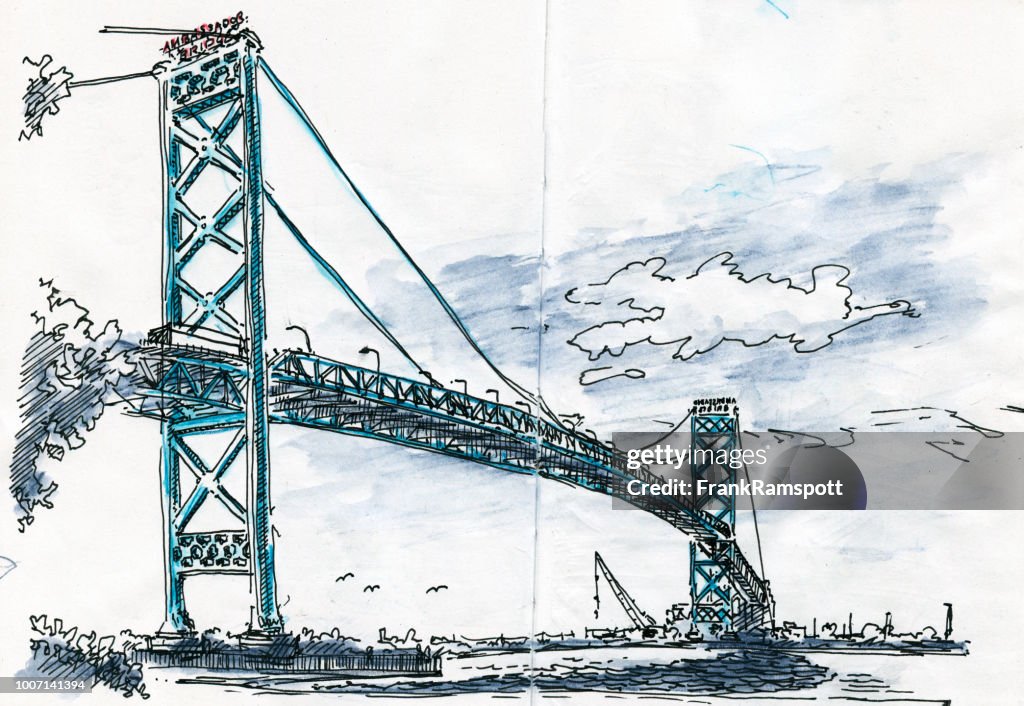 Ambassador Bridge Windsor Detroit Ink Drawing and Watercolor