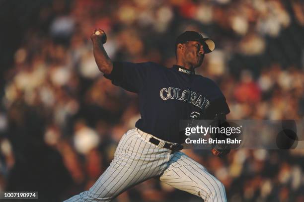 Pedro Astacio pitches for the Colorado Rockies against the Seattle Mariners during their Major League Baseball National League West game on 14 June...