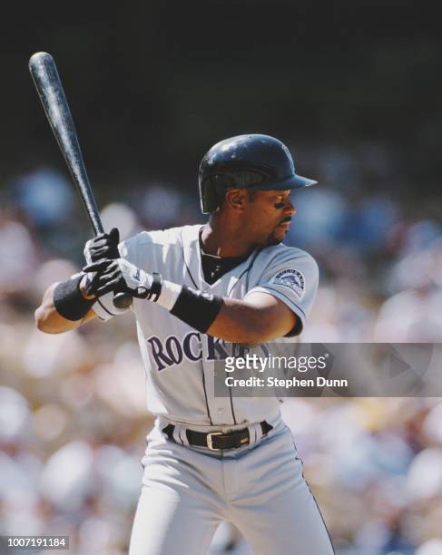 Ellis Burks, Outfielder for the Colorado Rockies prepares to bat during the Major League Baseball National League West game against the Los Angeles...