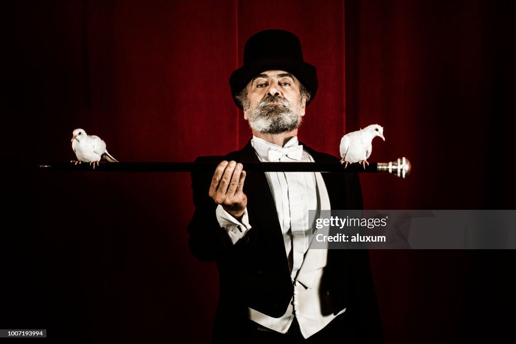 Magician holding stick with doves