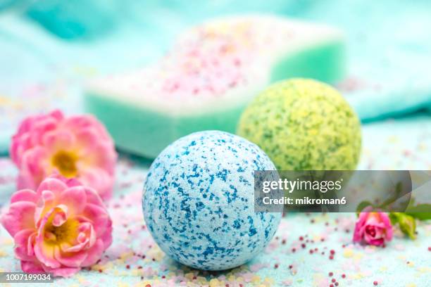 spa composition with bath bombs, bath spa accessories - bath bomb stock pictures, royalty-free photos & images