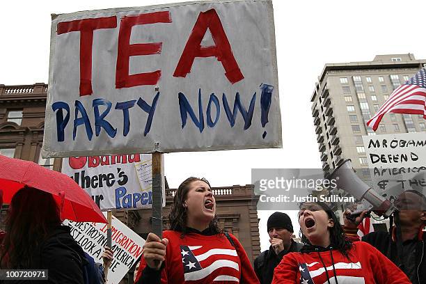 Members of the Tea Party movement protest outside the Fairmont Hotel before U.S. President Barack Obama arrives for a fundraiser May 25, 2010 in San...