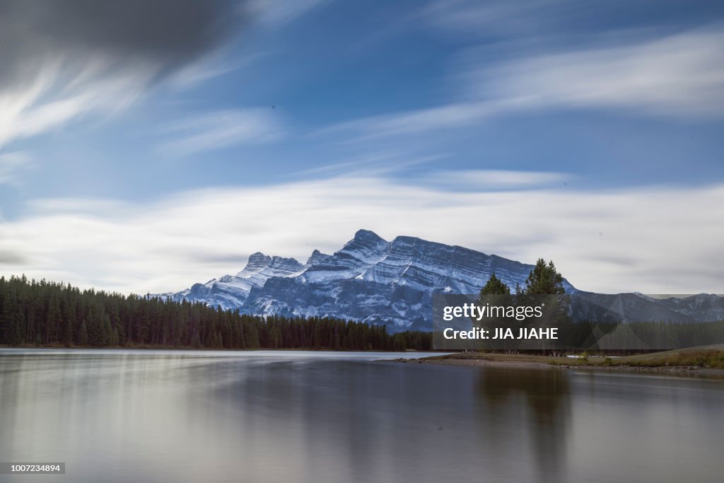 Long exposure landscape of the Two Jack Lake in the Banff National Park, UNESCO World Heritage Site, Canadian Rockies, Alberta, Canada, North America