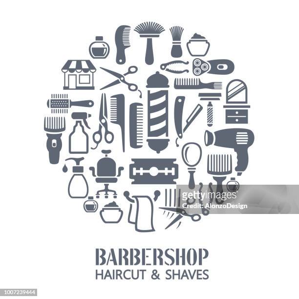 barber shop collage - cutting hair stock illustrations