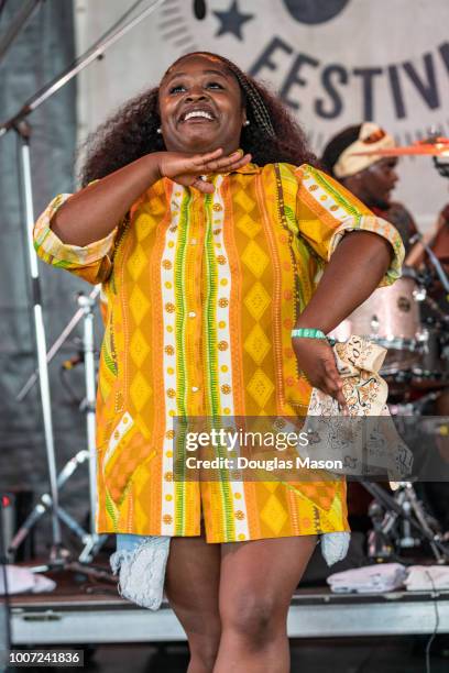 Tarriona "Tank" Ball of Tank and the Bangas performs during the Newport Folk Festival 2018 at Fort Adams State Park on July 28, 2018 in Newport,...