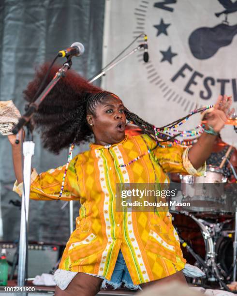 Tarriona "Tank" Ball of Tank and the Bangas performs during the Newport Folk Festival 2018 at Fort Adams State Park on July 28, 2018 in Newport,...