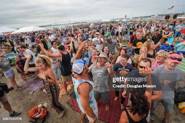 The crowd dancing at Mumford and Sons during the Newport Folk Festival 2018 at Fort Adams State Park on July 28, 2018 in Newport, Rhode Island.