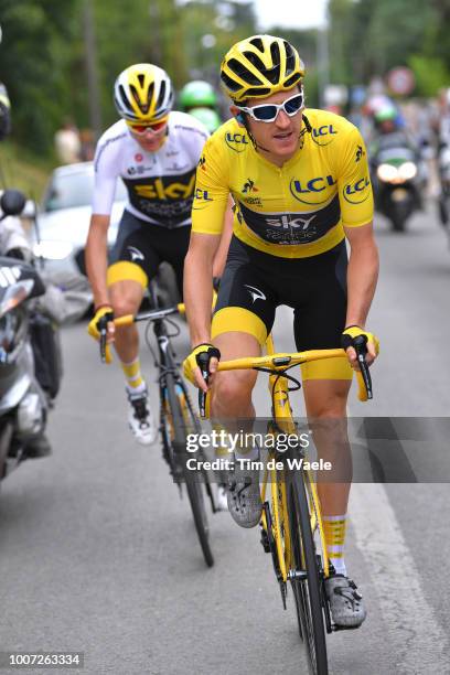 Geraint Thomas of Great Britain and Team Sky Yellow Leader Jersey / Christopher Froome of Great Britain and Team Sky / during the 105th Tour de...