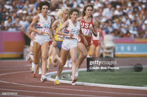 Zola Budd of Great Britain leads Mary Decker of the United States , Maricica Puica of Romania and Wendy Sly of Great Britain in the final of the...