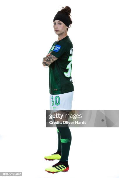 Ella McLeod of VfL Wolfsburg poses during the Allianz Frauen Bundesliga Club Tour at AOK Stadion on July 26, 2018 in Wolfsburg, Germany.