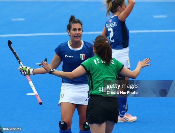 Chiara of Italy not happy with Umpire decision during FIH Hockey Women's World Cup 2018 Day eight match Pool A game 22 between Italy and Netherlands...