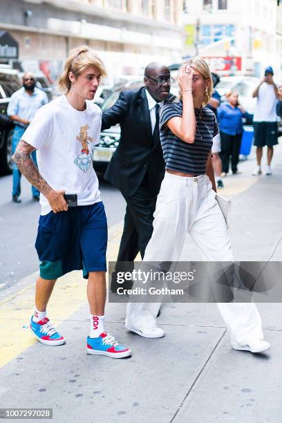 Justin Bieber and Hailey Baldwin are seen arriving at the Hillsong Church in Midtown on July 29, 2018 in New York City.