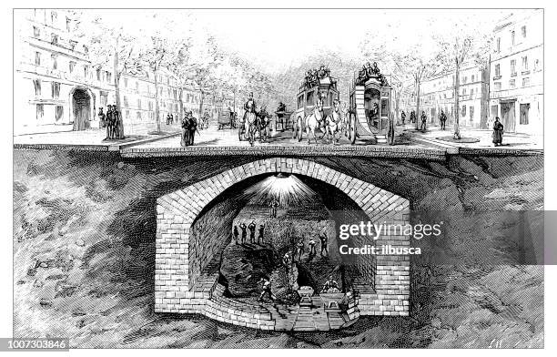 antique scientific engraving illustration: building of paris metro subway - paris metro stock illustrations