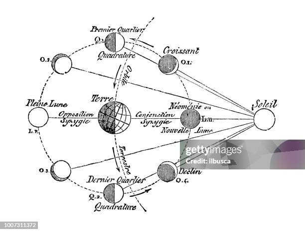 antique scientific engraving illustration: moon phases - astronomy stock illustrations