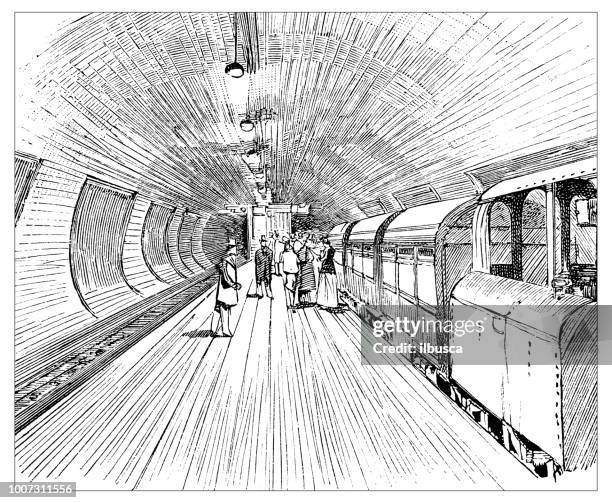 antique scientific engraving illustration: subway train station - paris metro stock illustrations
