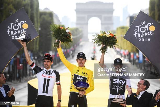 Tour de France 2018 winner Great Britain's Geraint Thomas , wearing the overall leader's yellow jersey, second-placed Netherlands' Tom Dumoulin and...