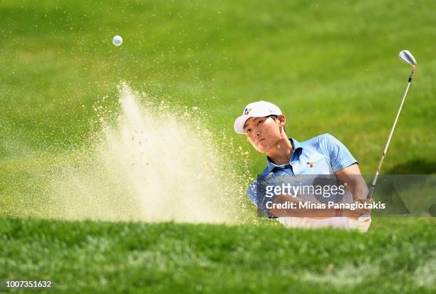 Whee Kim of Korea plays a shot from a bunker on the second hole during the final round at the RBC Canadian Open at Glen Abbey Golf Club on July 29,...