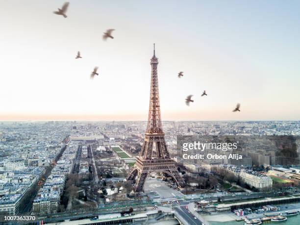 luftbild von den eiffelturm - eiffel tower paris stock-fotos und bilder