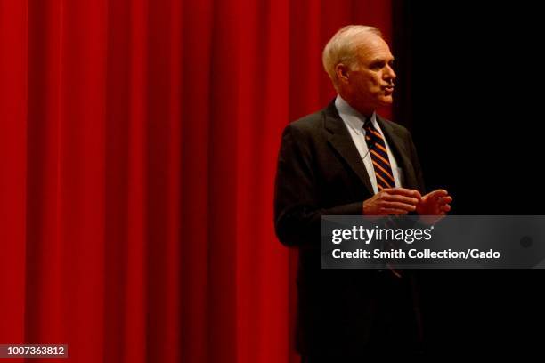 Secretary of the Navy Richard V Spencer speaks during an all-hands call onboard US Fleet Activities Yokosuka, Japan, July 12, 2018. Image courtesy...