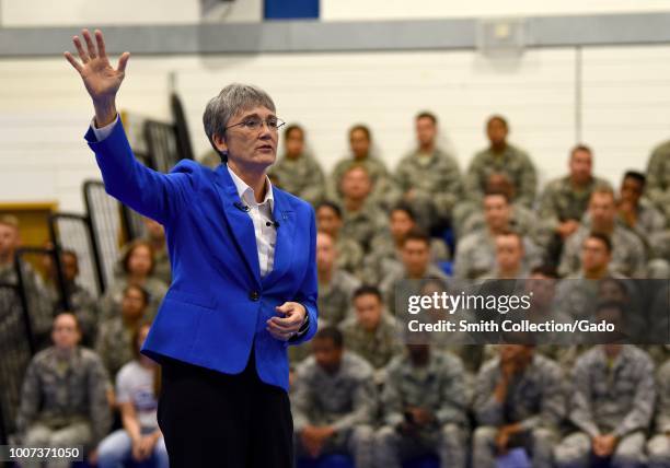 Secretary of the Air Force Heather Wilson speaks to Liberty Wing personnel during a town hall at Royal Air Force Lakenheath, England, United Kingdom,...