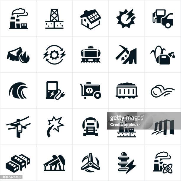 ilustraciones, imágenes clip art, dibujos animados e iconos de stock de iconos de la producción de combustible y energía - energia geotermica