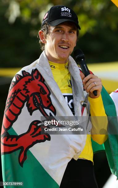 Winner of the Tour, yellow jersey Geraint Thomas of Great Britain and Team Sky during the final podium ceremony following stage 21 of Le Tour de...