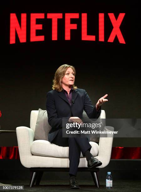 Netflix Vice President of Original Series Cindy Holland speaks onstage during Netflix TCA 2018 at The Beverly Hilton Hotel on July 29, 2018 in...