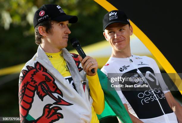 Winner of the Tour, yellow jersey Geraint Thomas of Great Britain and Team Sky, third place Chris Froome of Great Britain and Team Sky during the...