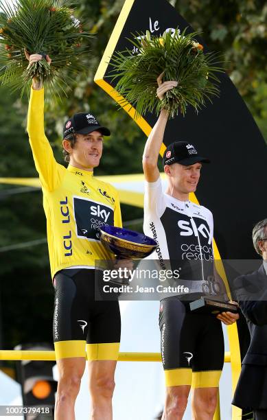 Winner of the Tour, yellow jersey Geraint Thomas of Great Britain and Team Sky, third place Chris Froome of Great Britain and Team Sky during the...