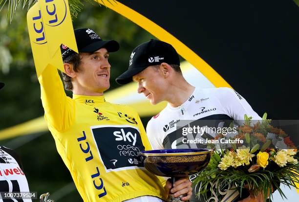 Winner of the Tour, yellow jersey Geraint Thomas of Great Britain and Team Sky, third place Chris Froome of Great Britain and Team Sky during the...