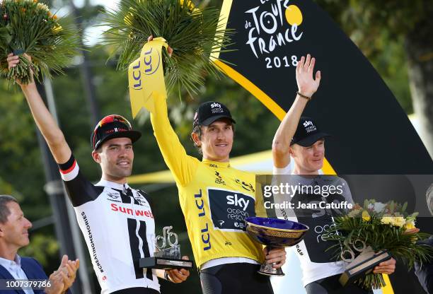 Winner of the Tour, yellow jersey Geraint Thomas of Great Britain and Team Sky surrounded by second place Tom Dumoulin of the Netherlands and Team...