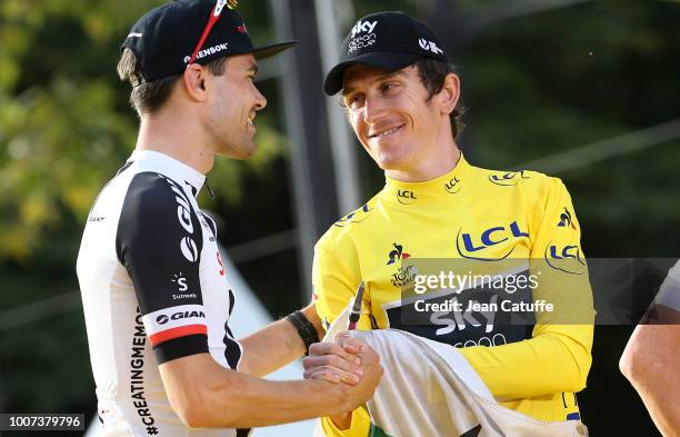 Winner of the Tour, yellow jersey Geraint Thomas of Great Britain and Team Sky, second place Tom Dumoulin of the Netherlands and Team Sunweb during...