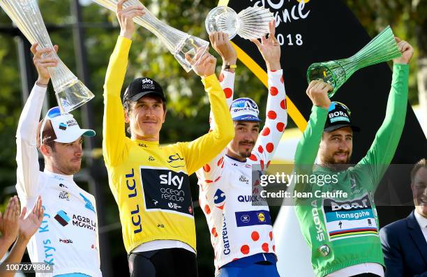 Pierre Latour of France and AG2R La Mondiale, winner of white jersey of best young rider, winner of the Tour yellow jersey Geraint Thomas of Great...