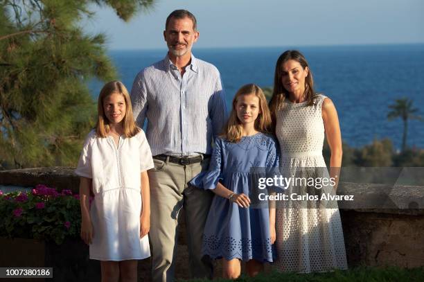 King Felipe VI of Spain, Queen Letizia of Spain, Princess Leonor of Spain and Princess Sofia of Spain pose for the photographers during the summer...