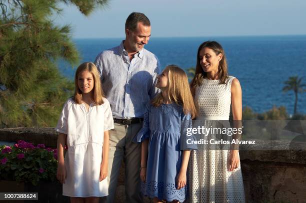 King Felipe VI of Spain, Queen Letizia of Spain, Princess Leonor of Spain and Princess Sofia of Spain pose for the photographers during the summer...