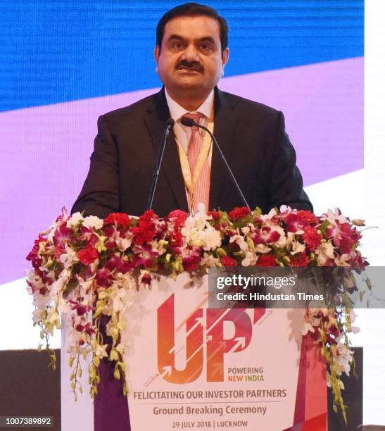 Gautam Adani, Founder &Chairman of Adani Group addressing ground-breaking ceremony for 81 project by Prime Minister Narendra Modi at Indira Gandhi...