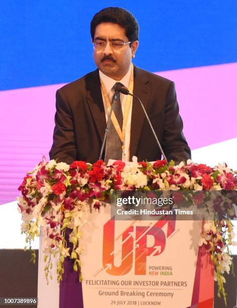 Kumar Mangalam Birla Chairman, Aditya Birla Group addressing ground-breaking ceremony for 81 project by Prime Minister Narendra Modi at Indira Gandhi...