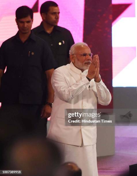 Prime Minister Narendra Modi, after addressing a mega ground-breaking event at Indira Gandhi Pratishthan, on July 29, 2018 in Lucknow, India. These...