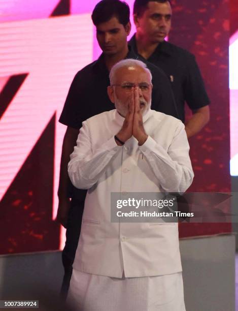 Prime Minister Narendra Modi, after addressing a mega ground-breaking event at Indira Gandhi Pratishthan, on July 29, 2018 in Lucknow, India. These...